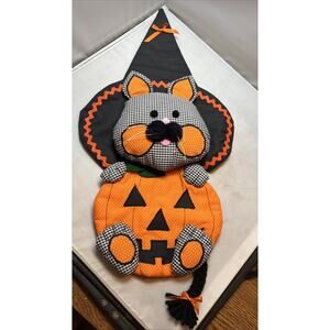 Vintage C1980 Plush Halloween Fabric Stitched Wall Hanging Decor Cat Pumpkin 3D